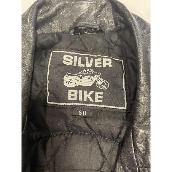 Silver Bike Leather Motorcycle Jacket Vintage 80's Coat Full Back Patch Size 50 - Picture 12 of 16